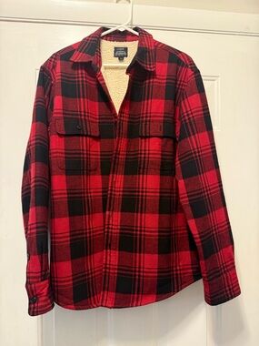 J. Crew Red and Black Plaid Sherpa-Lined Shirt Jacket
